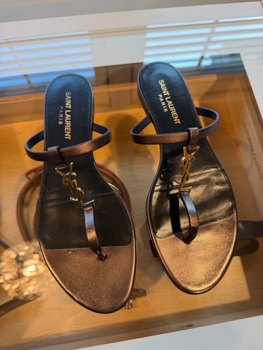 Saint Laurent Cassandra Slides In Laminated Metallic Leather Metal Brown